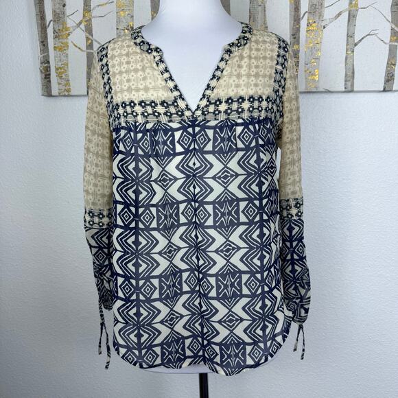 Lucky Brand Semi Sheer Geometric Print Boho Blouse Top Tan Blue Small - Picture 1 of 6